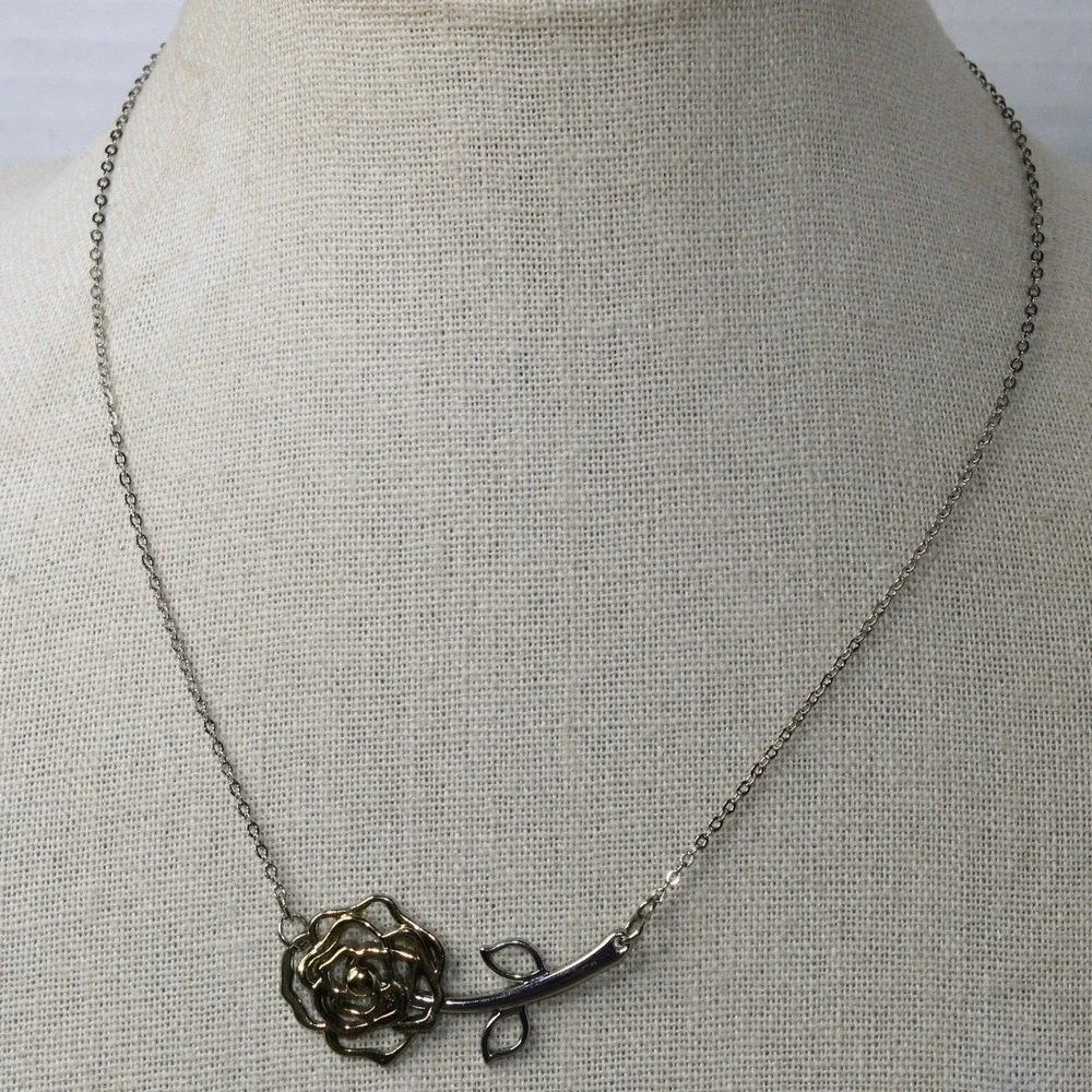 Rose Pendant Necklace Two Tone Gold Silver Plated Flower 21